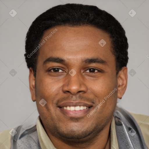Joyful latino young-adult male with short  black hair and brown eyes