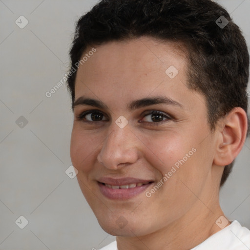 Joyful white young-adult female with short  brown hair and brown eyes