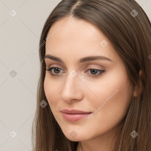 Neutral white young-adult female with long  brown hair and brown eyes