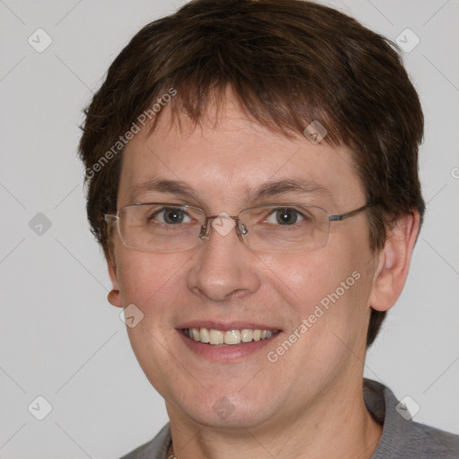 Joyful white adult male with short  brown hair and grey eyes