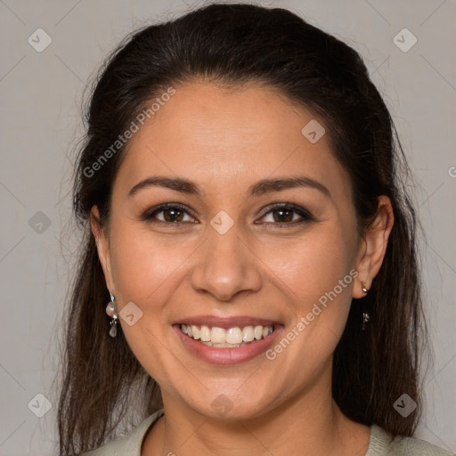 Joyful white young-adult female with medium  brown hair and brown eyes