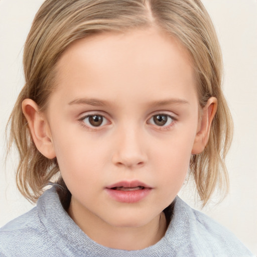 Neutral white child female with medium  brown hair and grey eyes