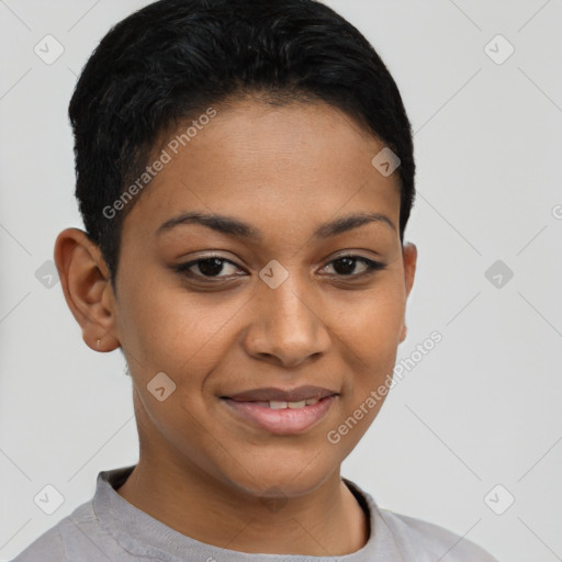 Joyful latino young-adult female with short  brown hair and brown eyes