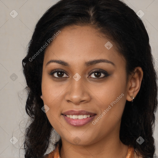 Joyful latino young-adult female with long  brown hair and brown eyes