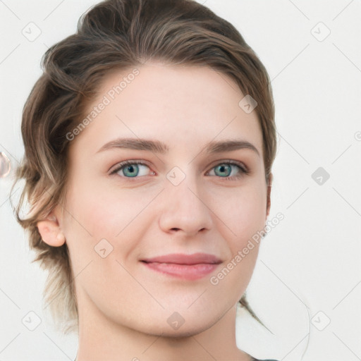 Joyful white young-adult female with medium  brown hair and green eyes