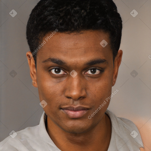 Neutral black young-adult male with short  black hair and brown eyes