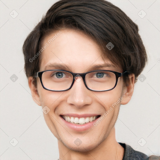 Joyful white young-adult female with short  brown hair and green eyes