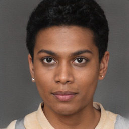 Neutral black young-adult male with short  black hair and brown eyes