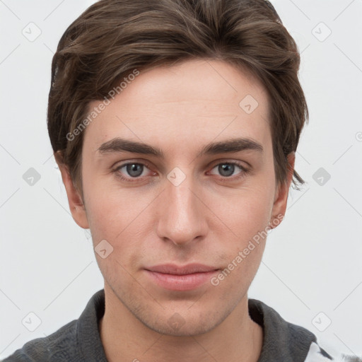 Neutral white young-adult male with short  brown hair and grey eyes