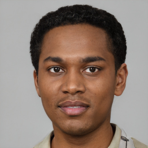 Neutral black young-adult male with short  black hair and brown eyes