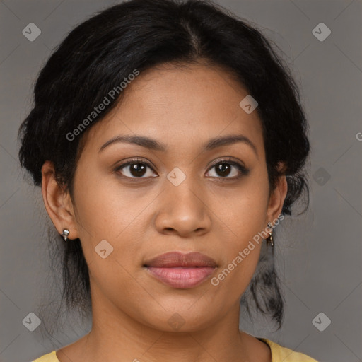 Joyful latino young-adult female with medium  brown hair and brown eyes