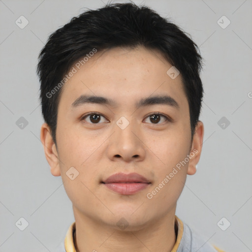 Neutral asian young-adult male with short  black hair and brown eyes