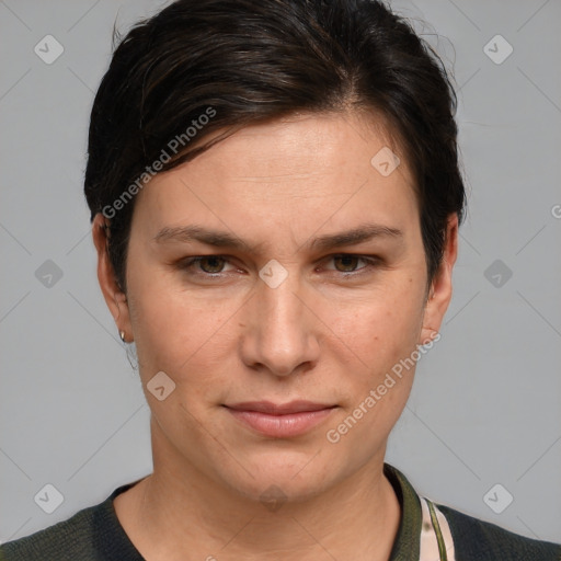 Joyful white young-adult female with short  brown hair and grey eyes