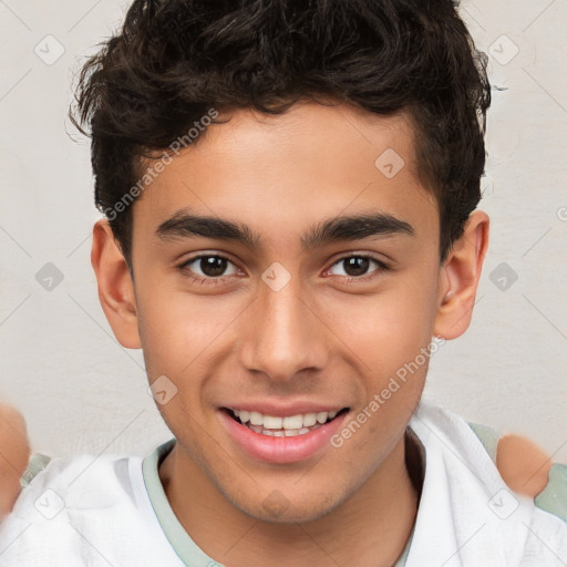 Joyful white child male with short  brown hair and brown eyes