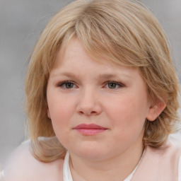 Joyful white child female with medium  brown hair and blue eyes