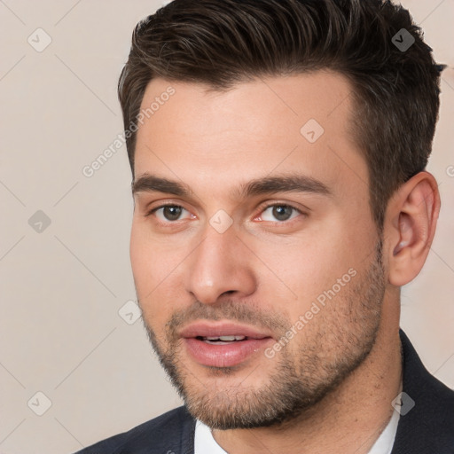 Neutral white young-adult male with short  brown hair and brown eyes