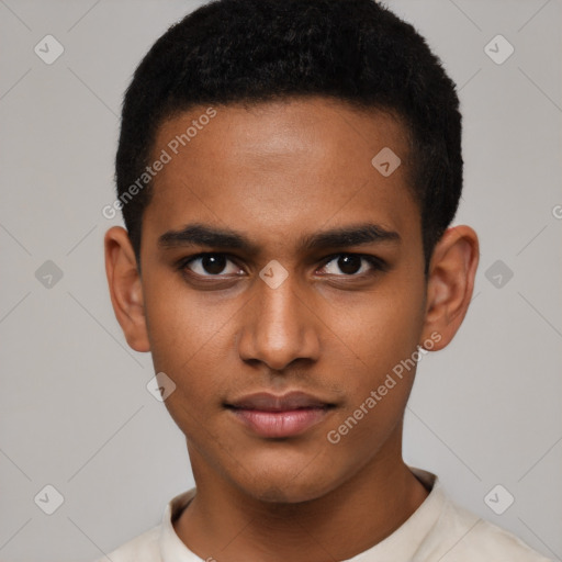 Neutral latino young-adult male with short  brown hair and brown eyes