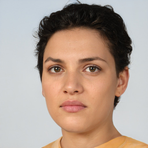Neutral white young-adult female with short  brown hair and brown eyes