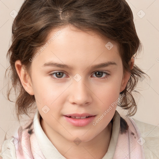 Joyful white child female with medium  brown hair and brown eyes