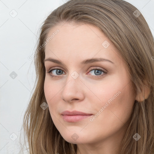 Neutral white young-adult female with long  brown hair and grey eyes