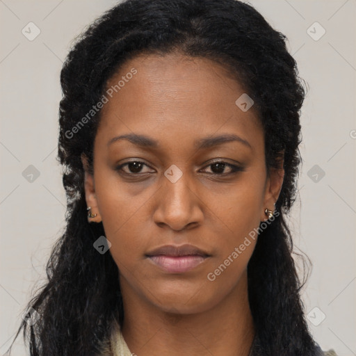 Neutral black young-adult female with long  black hair and brown eyes