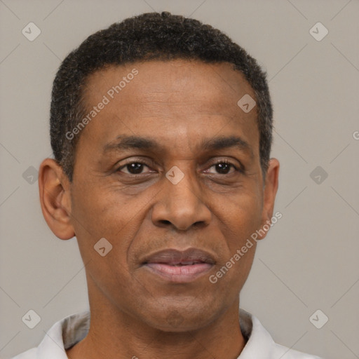 Neutral latino adult male with short  brown hair and brown eyes