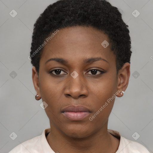 Neutral black young-adult female with short  black hair and brown eyes