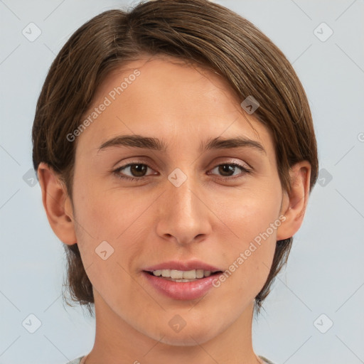 Joyful white young-adult female with medium  brown hair and brown eyes