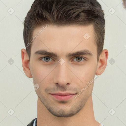 Neutral white young-adult male with short  brown hair and brown eyes