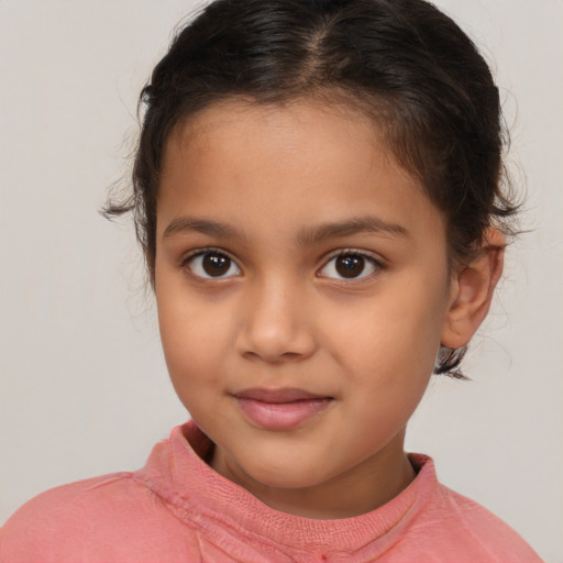 Joyful white child female with medium  brown hair and brown eyes