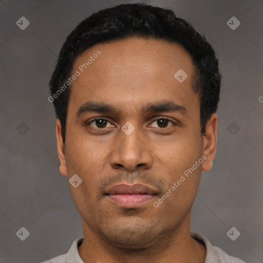 Neutral latino young-adult male with short  black hair and brown eyes