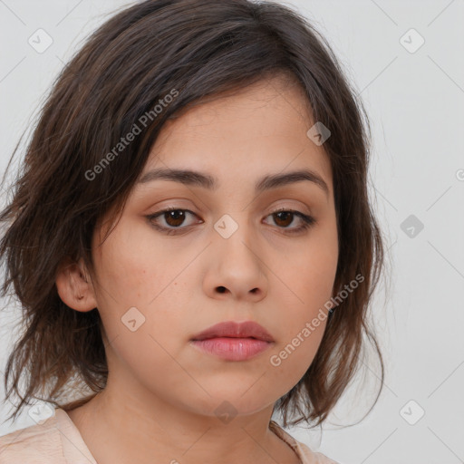 Neutral white young-adult female with medium  brown hair and brown eyes