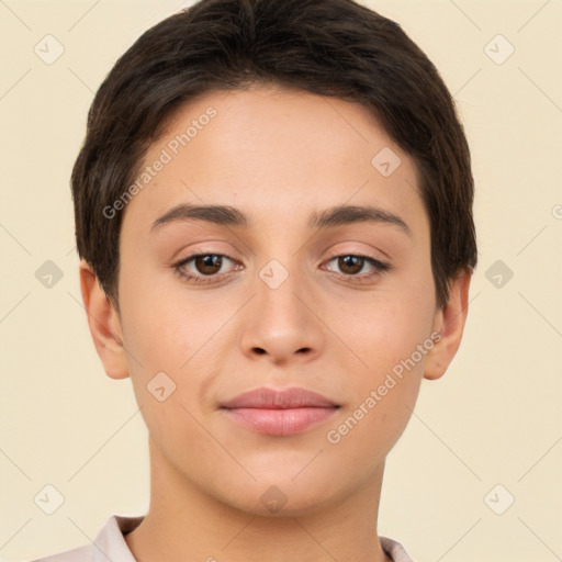 Joyful white young-adult female with short  brown hair and brown eyes