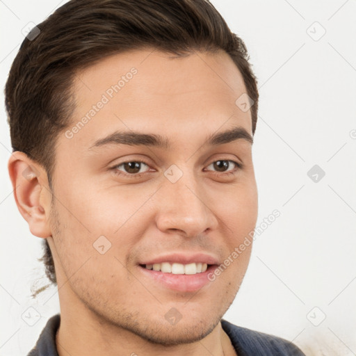 Joyful white young-adult male with short  brown hair and brown eyes