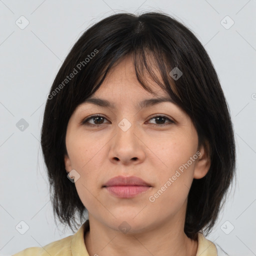 Neutral asian young-adult female with medium  brown hair and brown eyes