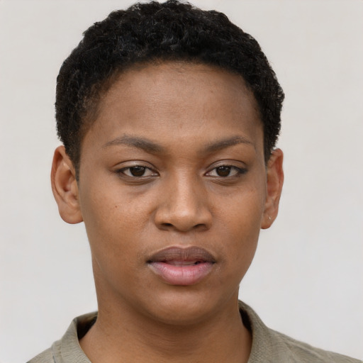 Neutral black young-adult female with short  brown hair and brown eyes