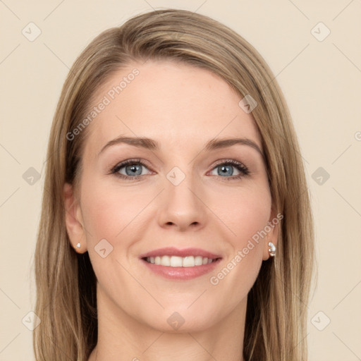 Joyful white young-adult female with long  brown hair and grey eyes