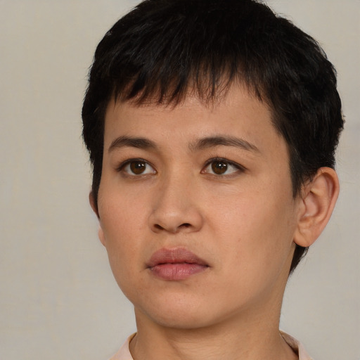 Neutral asian young-adult male with short  brown hair and brown eyes