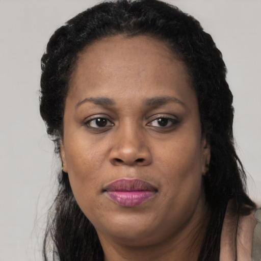 Joyful black adult female with long  black hair and brown eyes
