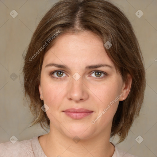 Joyful white young-adult female with medium  brown hair and green eyes