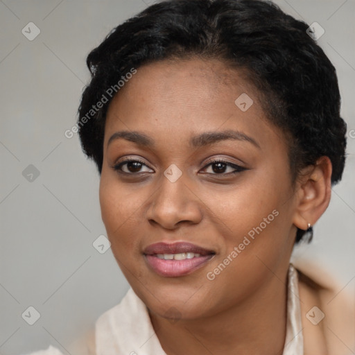 Joyful latino young-adult female with short  black hair and brown eyes