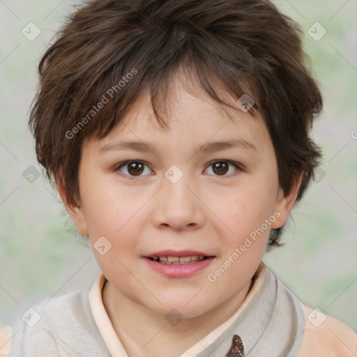 Joyful white child female with medium  brown hair and brown eyes