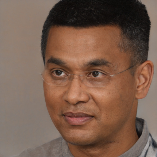 Joyful black adult male with short  black hair and brown eyes