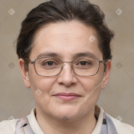 Joyful white adult female with short  brown hair and brown eyes