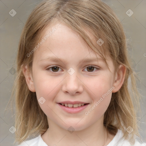 Joyful white child female with medium  brown hair and brown eyes