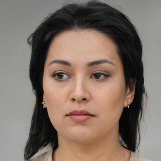 Neutral asian young-adult female with medium  brown hair and brown eyes