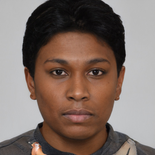 Neutral asian young-adult female with short  black hair and brown eyes