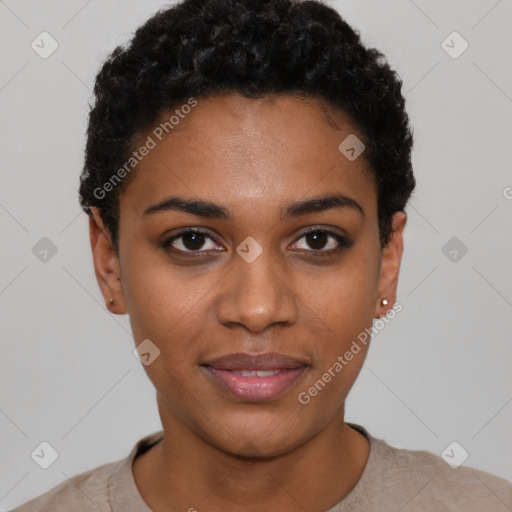 Joyful black young-adult female with short  black hair and brown eyes