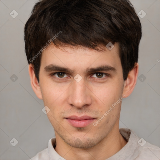 Neutral white young-adult male with short  brown hair and brown eyes