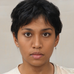 Neutral asian young-adult female with short  brown hair and brown eyes